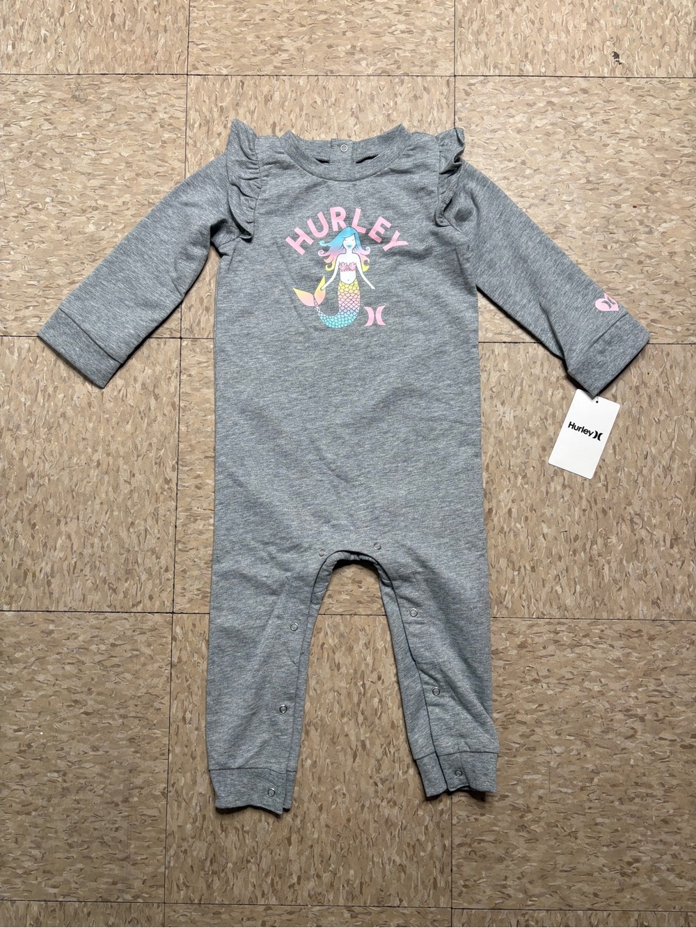Hurley Girls 24M Gray Cotton Knit Mermaid Graphic Long
Sleeve Ruffle Romper